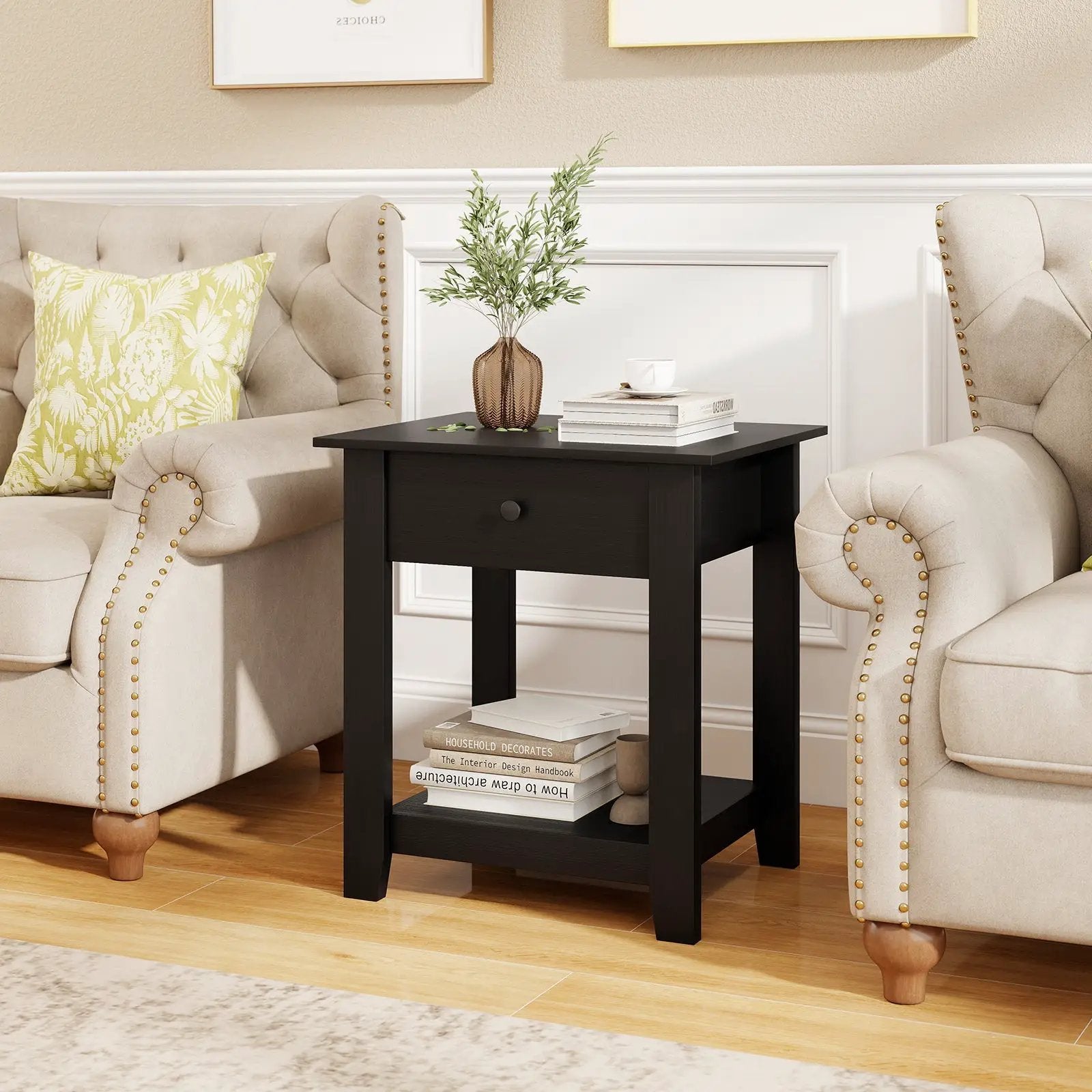 Set of 2 Nightstand with Drawer 3-Tier Modern Bedside Table with Open Shelf and Storage by DirectDeals