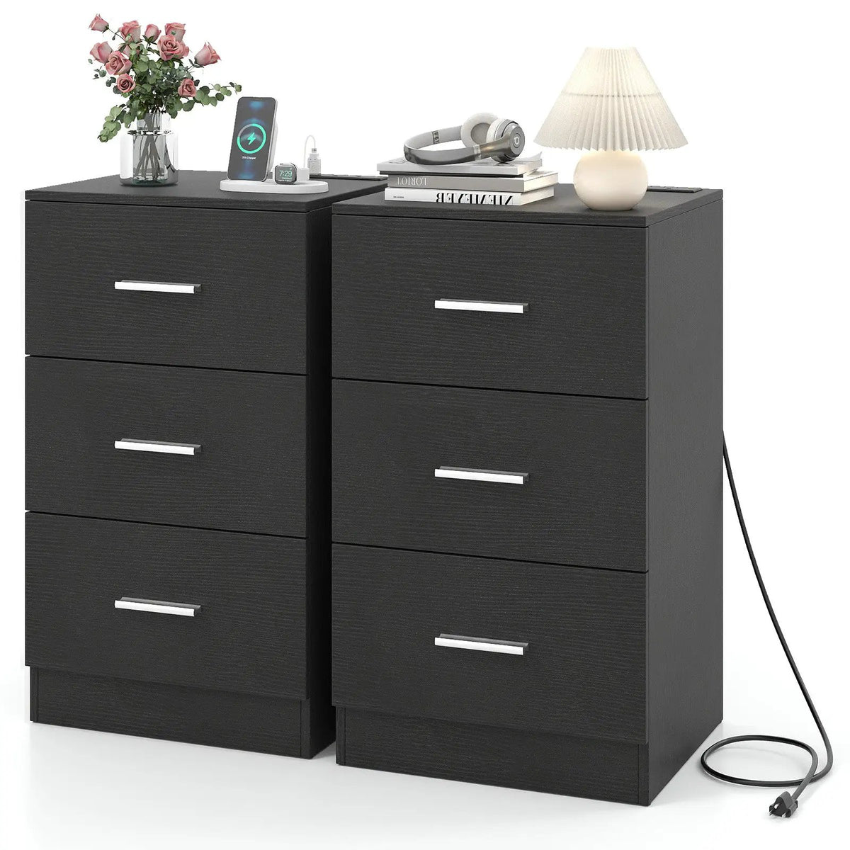 Set of 2 Nightstand with Charging Station End Table with 3 Storage Drawers Bedside Table for Bedroom by DirectDeals