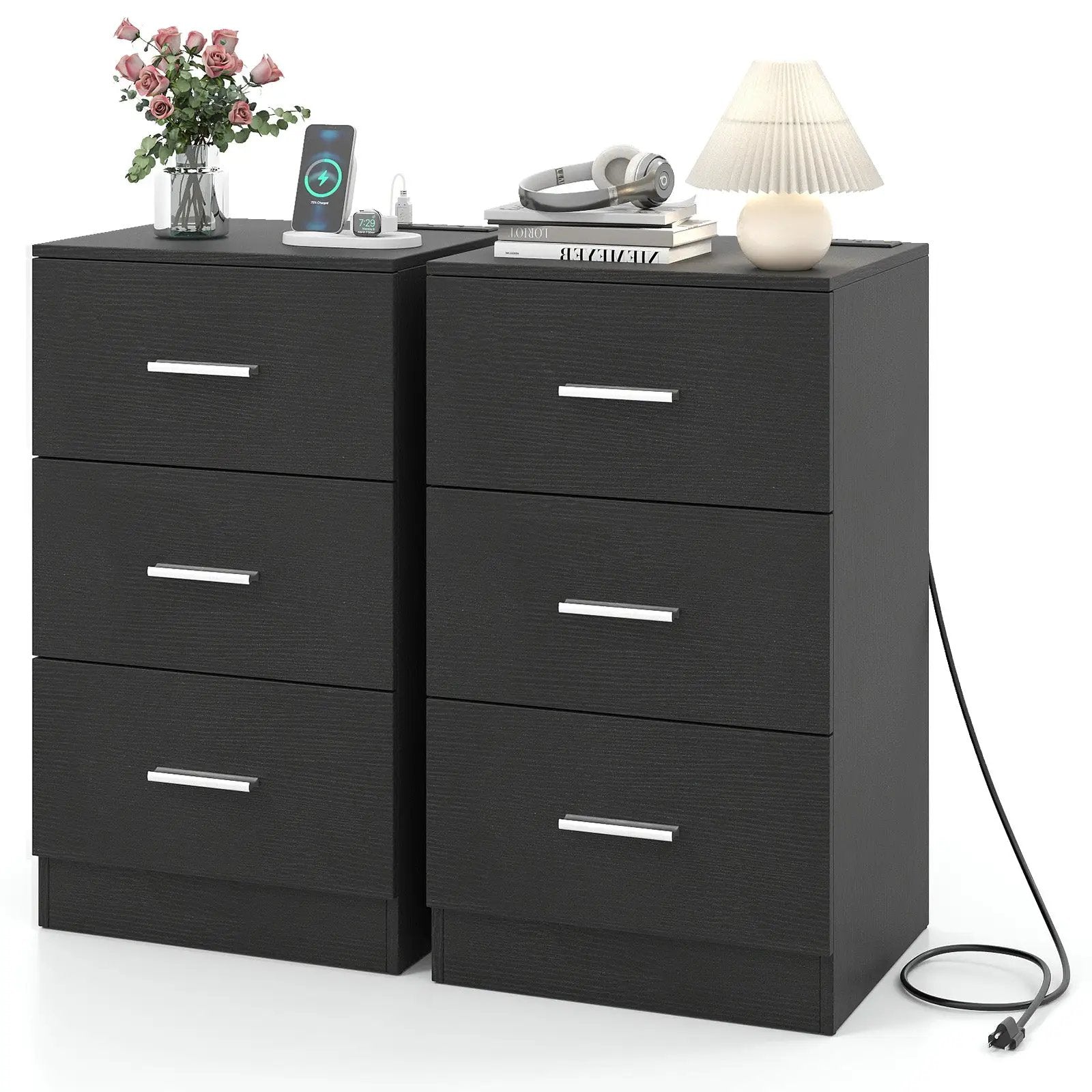 Set of 2 Nightstand with Charging Station End Table with 3 Storage Drawers Bedside Table for Bedroom by DirectDeals