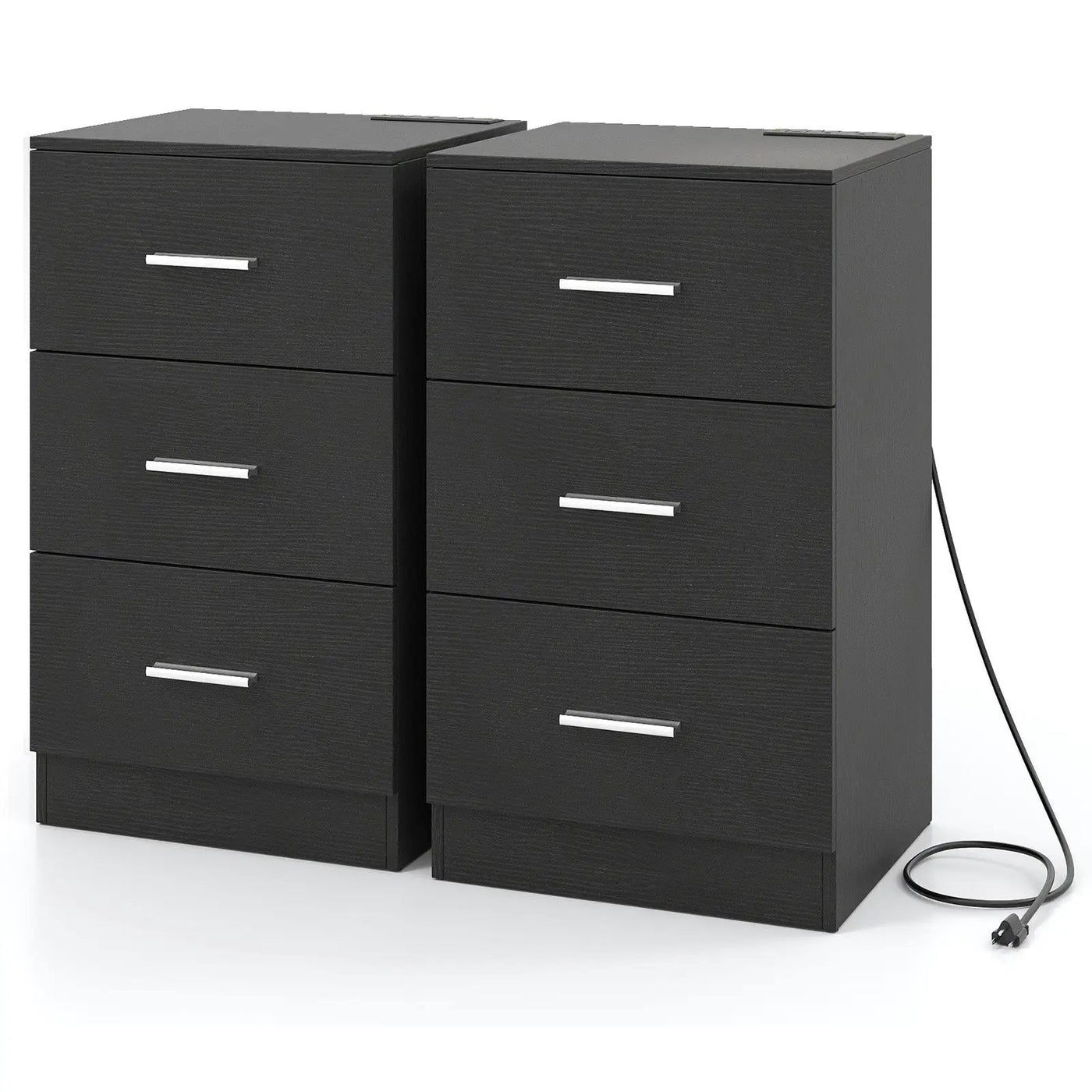 Set of 2 Nightstand with Charging Station End Table with 3 Storage Drawers Bedside Table for Bedroom by DirectDeals