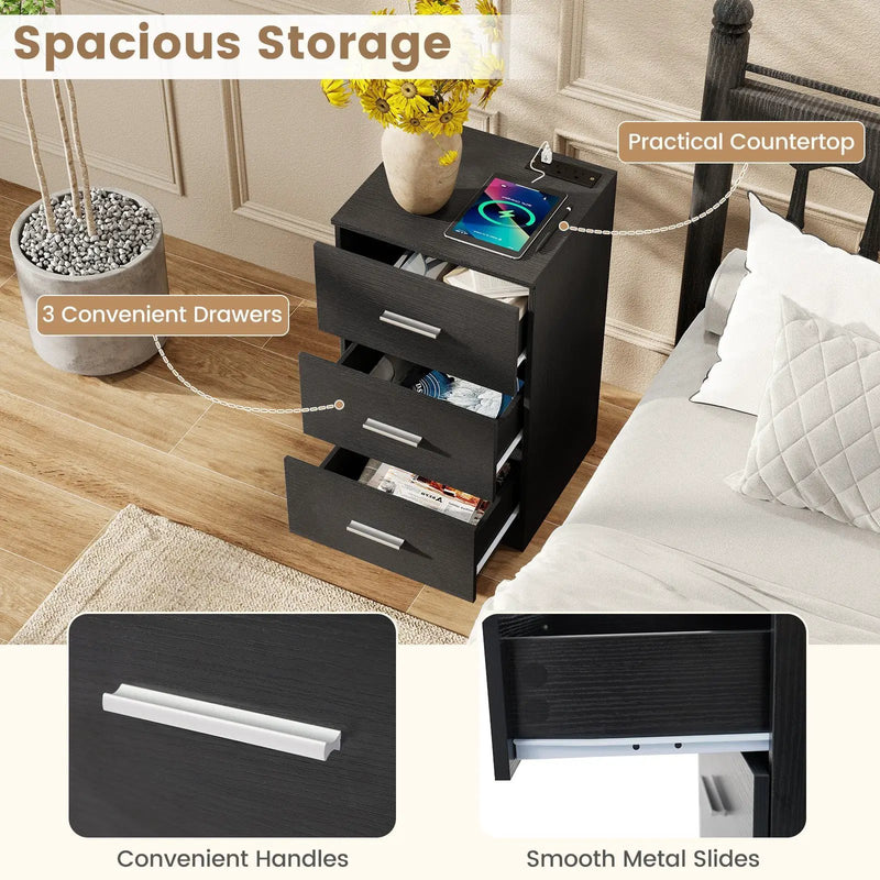 Set of 2 Nightstand with Charging Station End Table with 3 Storage Drawers Bedside Table for Bedroom by DirectDeals