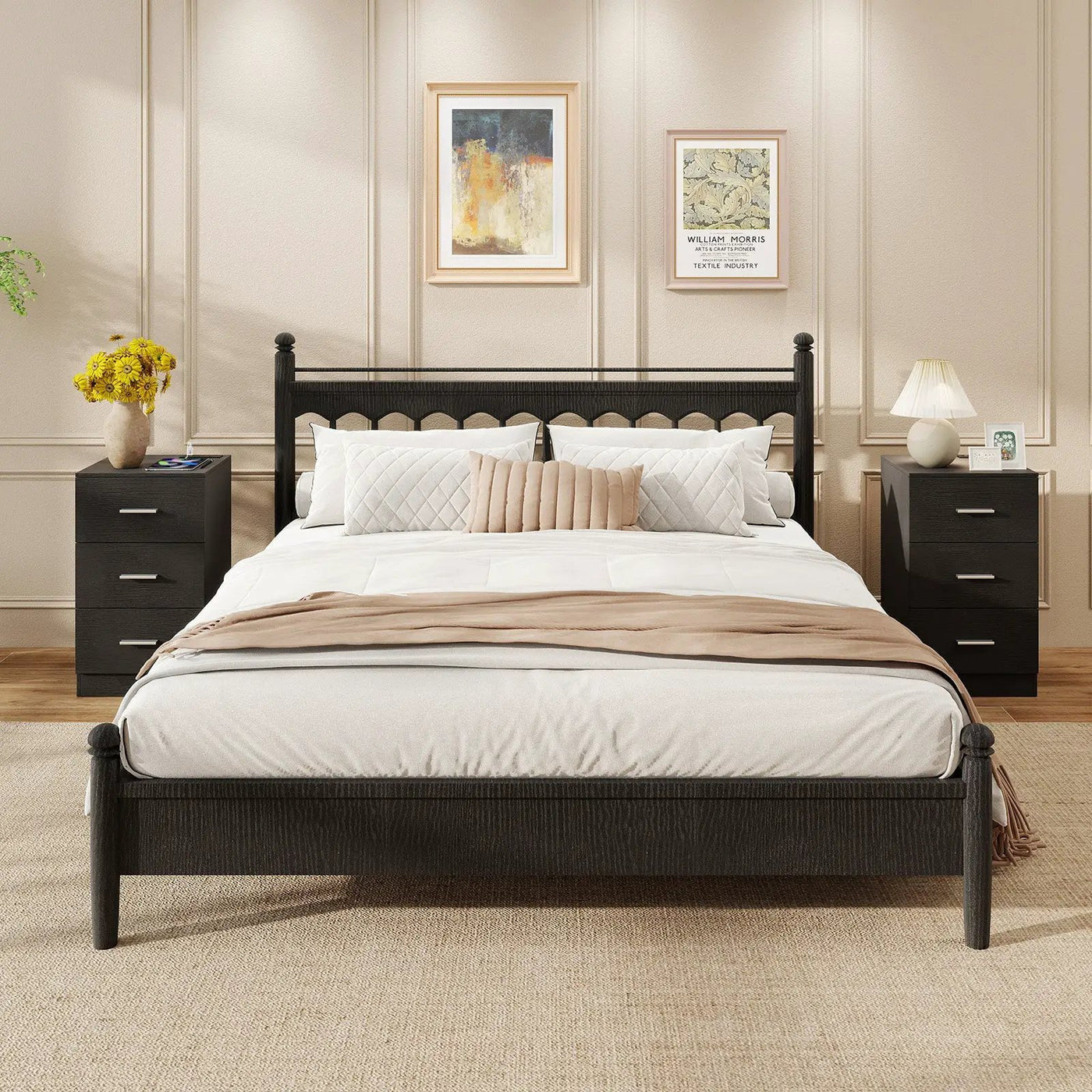 Set of 2 Nightstand with Charging Station End Table with 3 Storage Drawers Bedside Table for Bedroom by DirectDeals