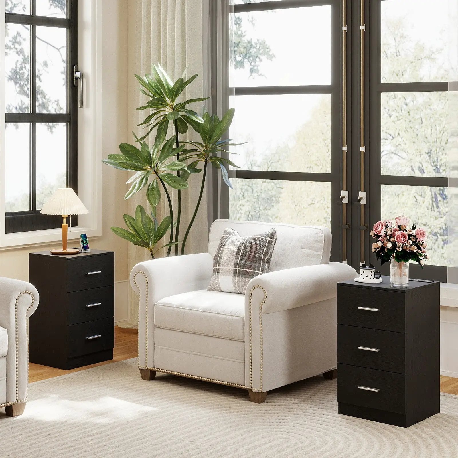 Set of 2 Nightstand with Charging Station End Table with 3 Storage Drawers Bedside Table for Bedroom by DirectDeals