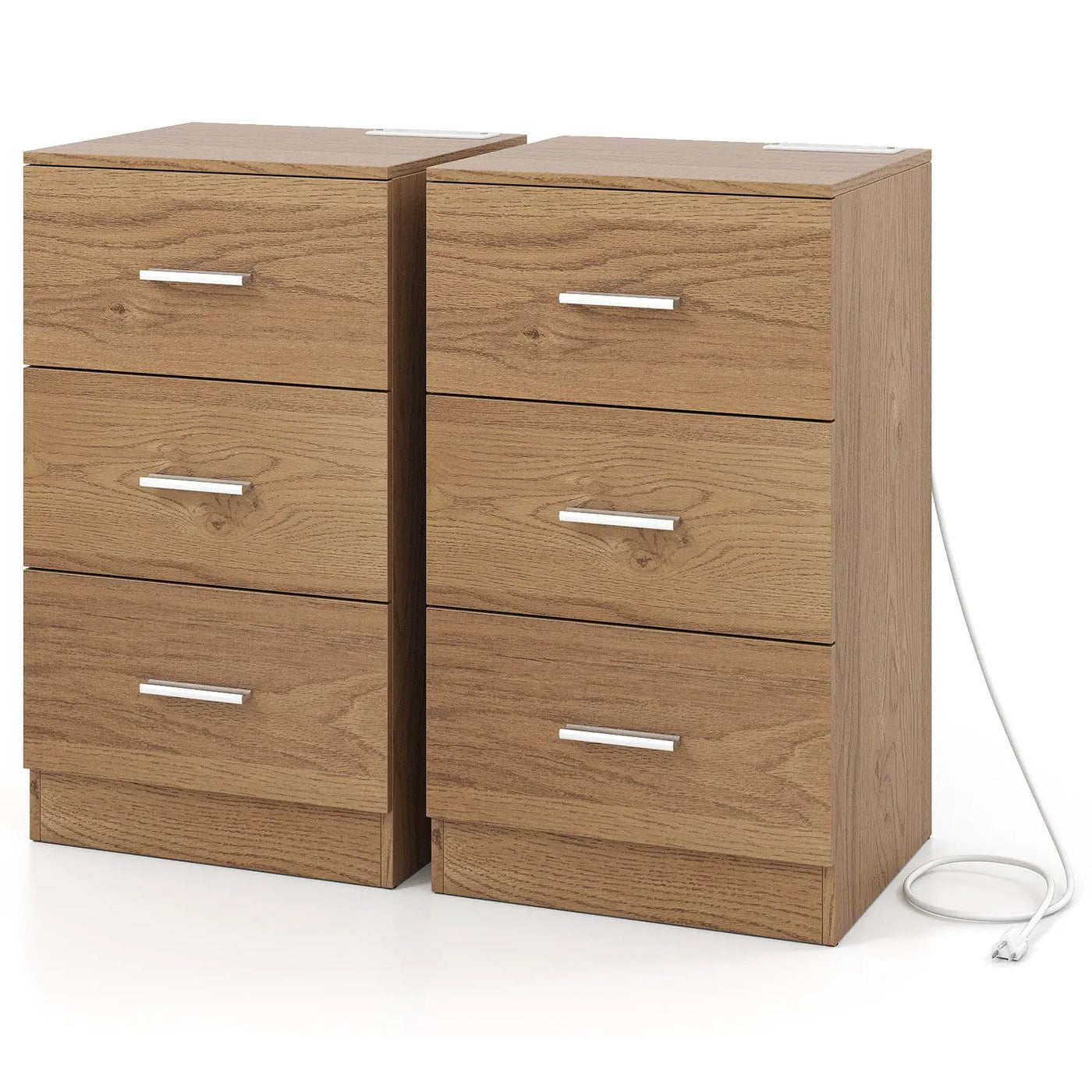 Set of 2 Nightstand with Charging Station End Table with 3 Storage Drawers Bedside Table for Bedroom by DirectDeals