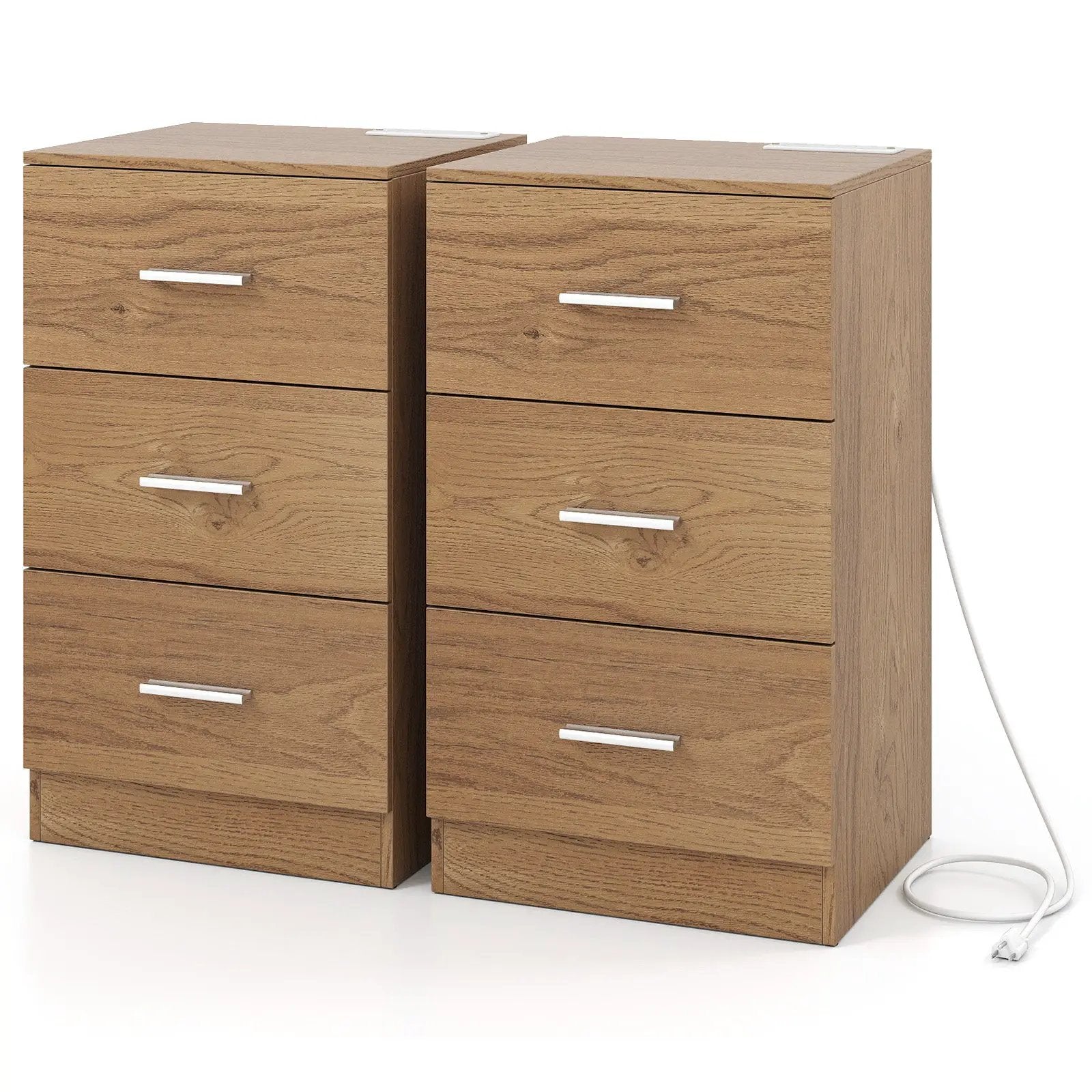 Set of 2 Nightstand with Charging Station End Table with 3 Storage Drawers Bedside Table for Bedroom by DirectDeals