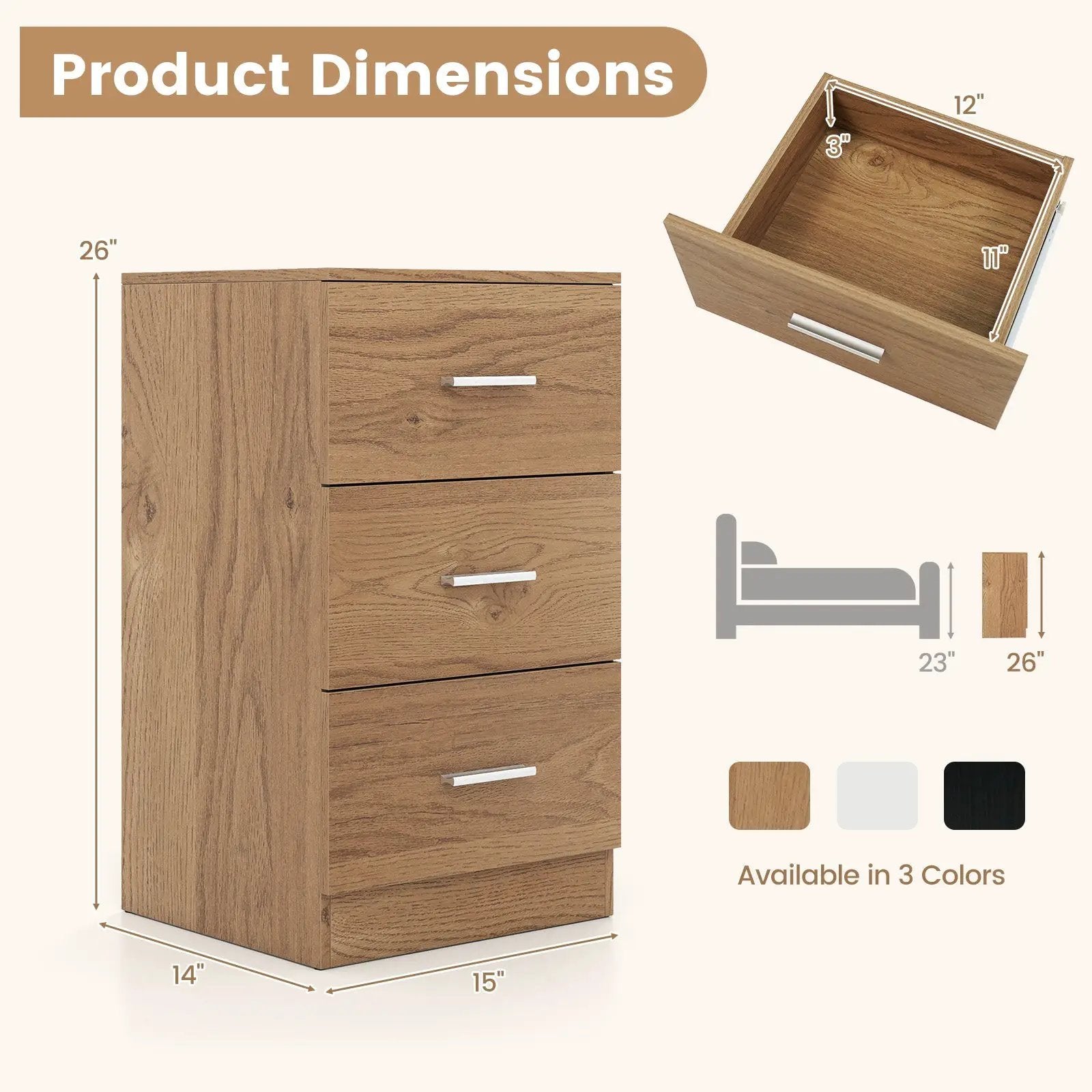 Set of 2 Nightstand with Charging Station End Table with 3 Storage Drawers Bedside Table for Bedroom by DirectDeals