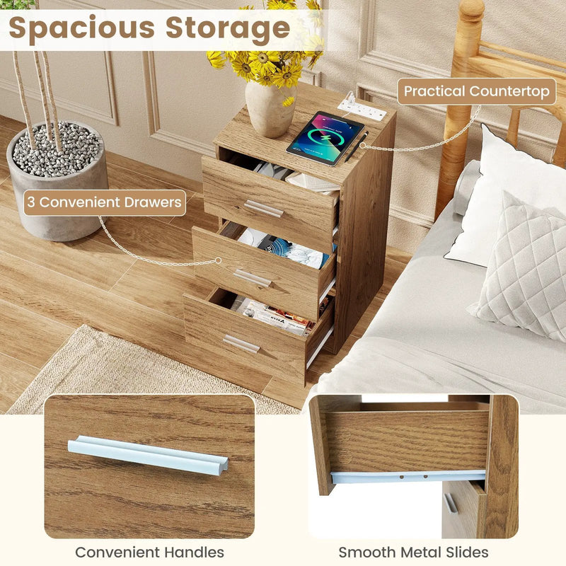 Set of 2 Nightstand with Charging Station End Table with 3 Storage Drawers Bedside Table for Bedroom by DirectDeals
