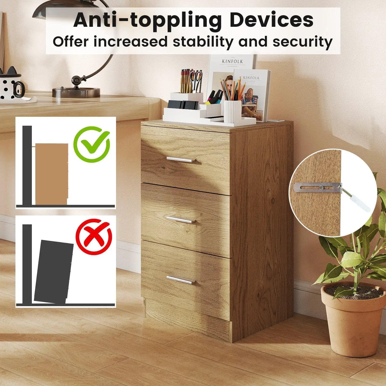 Set of 2 Nightstand with Charging Station End Table with 3 Storage Drawers Bedside Table for Bedroom by DirectDeals
