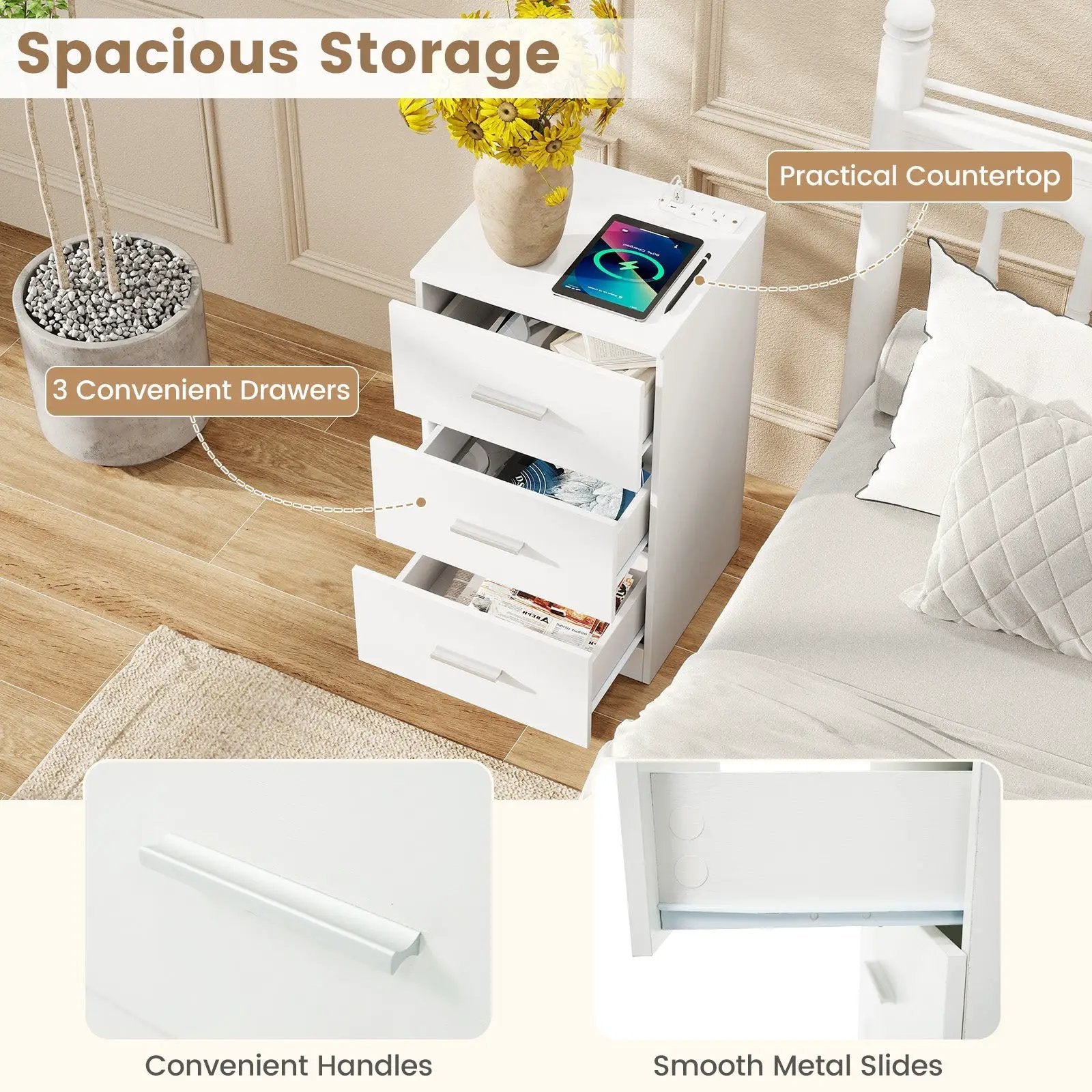 Set of 2 Nightstand with Charging Station End Table with 3 Storage Drawers Bedside Table for Bedroom by DirectDeals