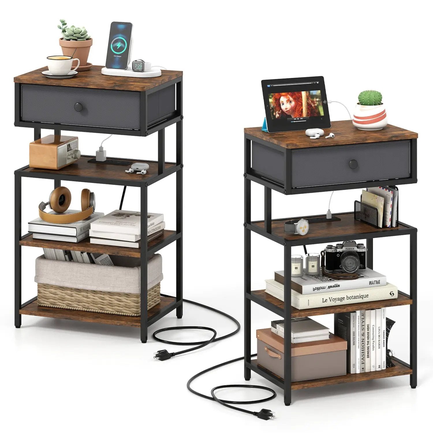 Set of 2 Nightstand with Charging Station 28 Inch Tall Bedside Table with Fabric Drawer by DirectDeals
