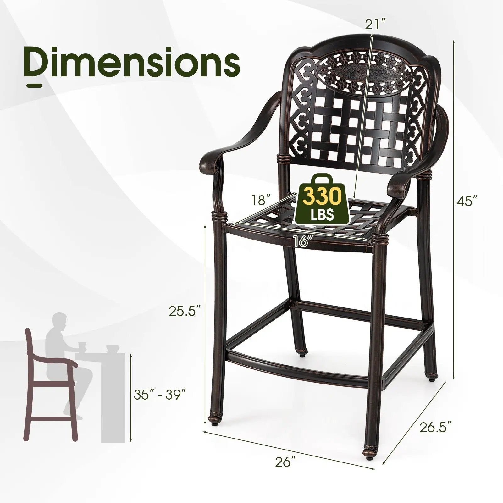 Set of 2 Outdoor Bar Stool 25.5 Inch Counter Height Cast Aluminum Bar Chairs-Copper by DirectDeals