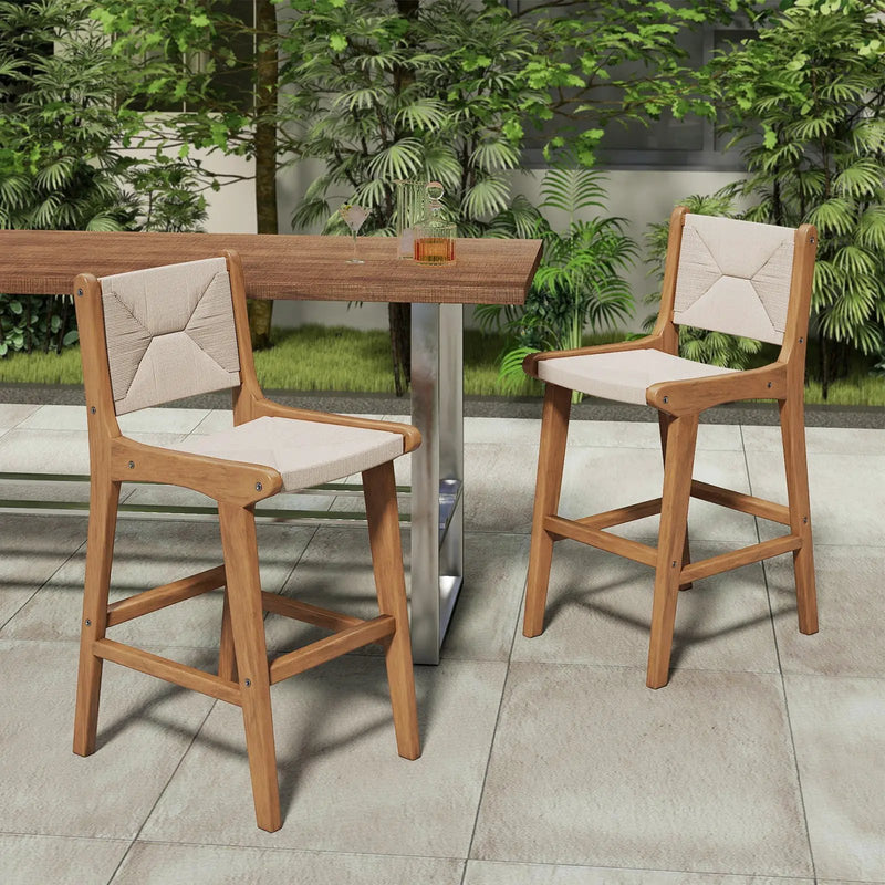 Set of 2 Outdoor Counter Height Bar Stool Woven Paper Rope Patio Barstool with Teak Wood Frame by DirectDeals