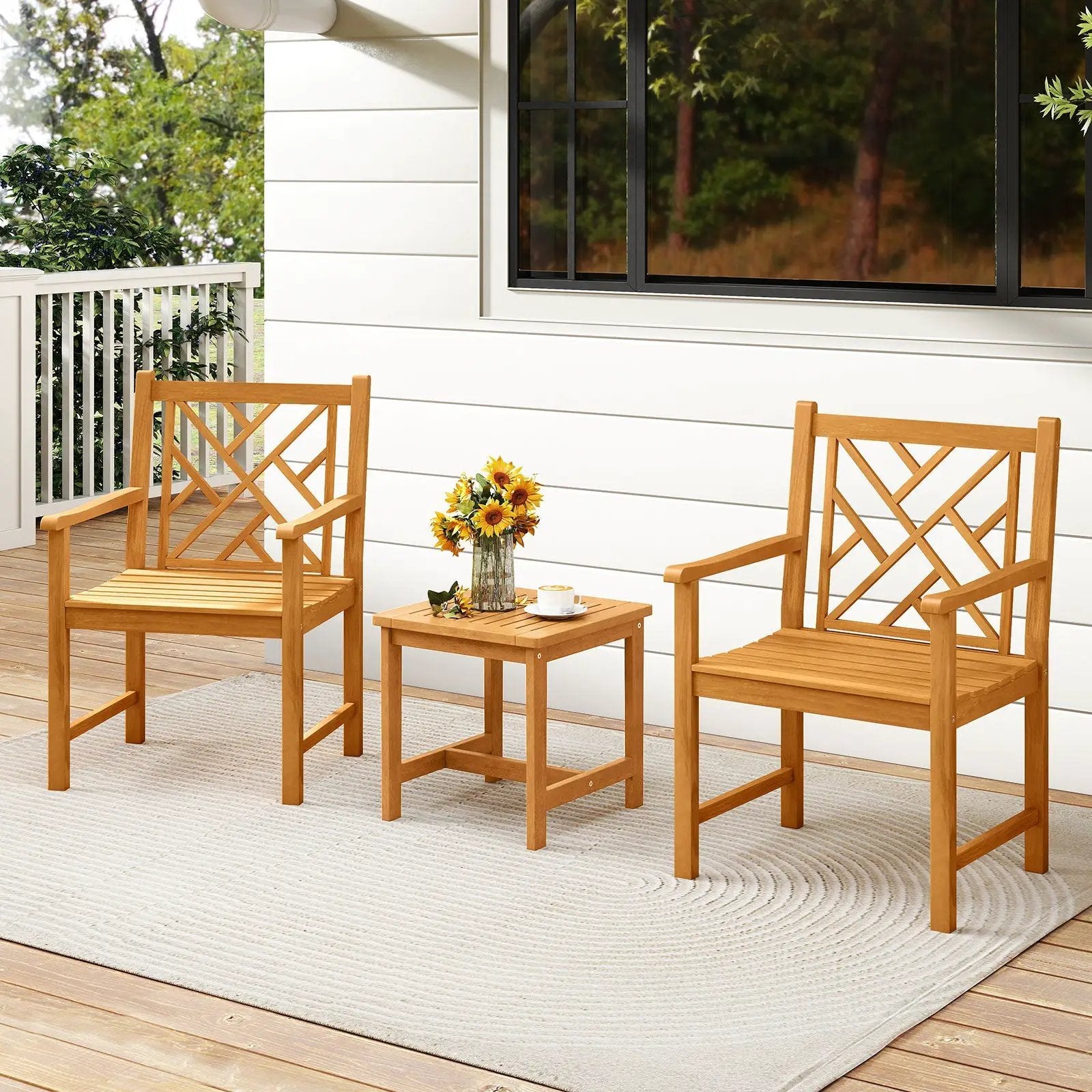Set of 2 Outdoor Dining Chairs Acacia Wood with Cross-Pattern Backrest by DirectDeals