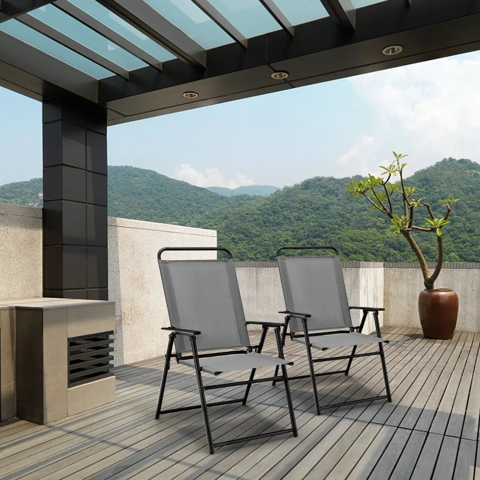 Outdoor Folding Sling Chairs with Armrest and Backrest by DirectDeals