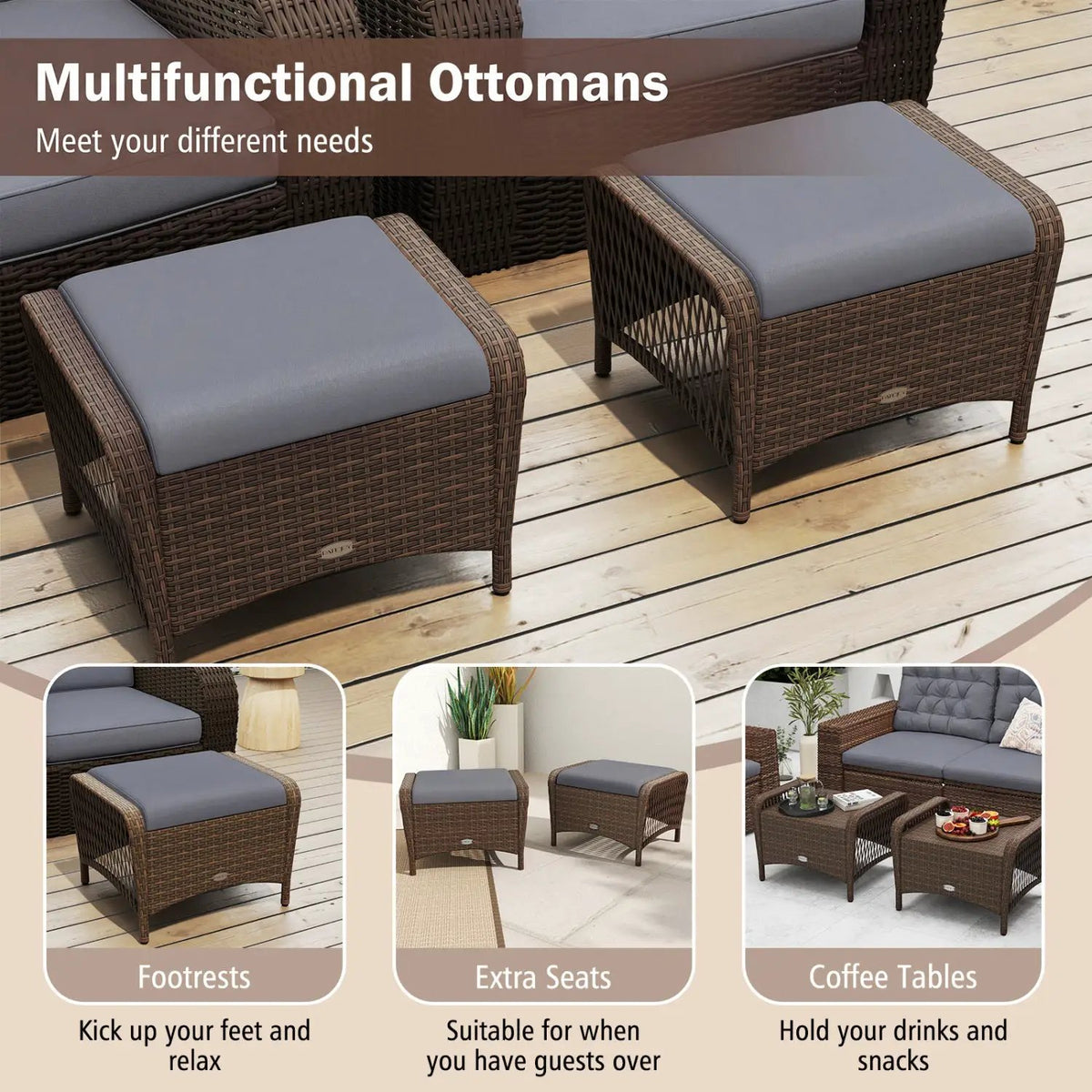 Outdoor PE Wicker Ottomans Set of 2 with Removable Cushions by DirectDeals