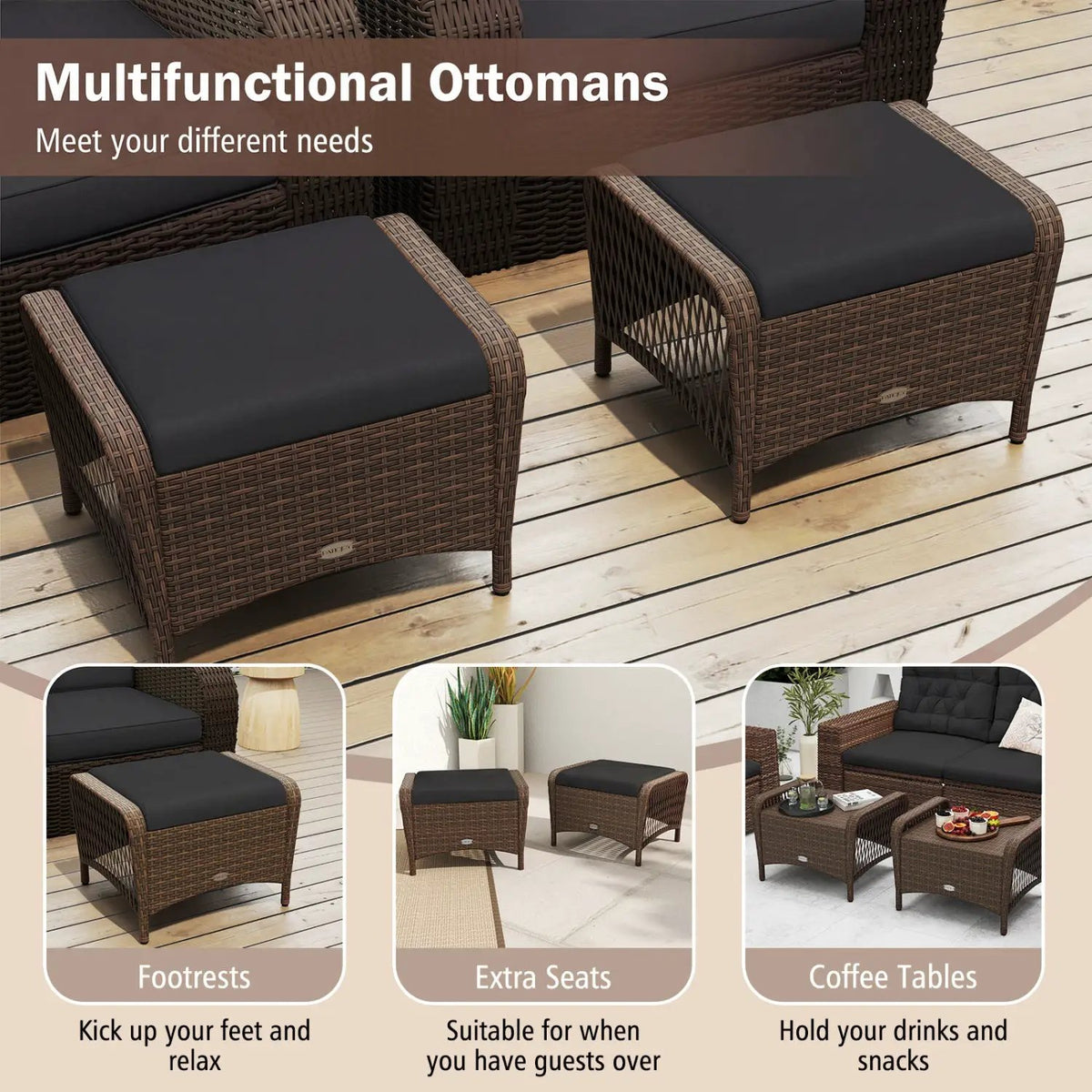 Outdoor PE Wicker Ottomans Set of 2 with Removable Cushions by DirectDeals