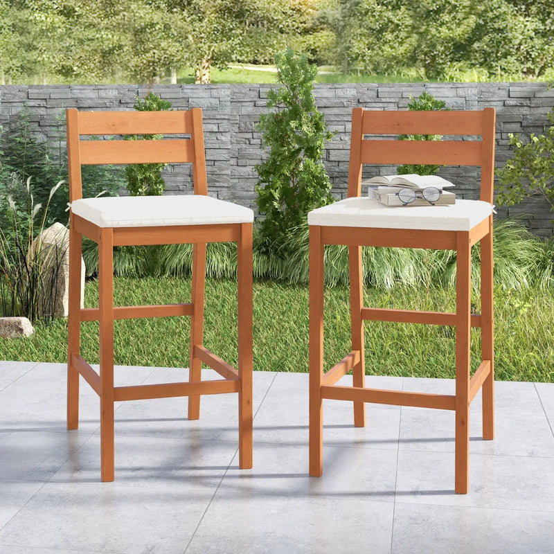 Set of 2 Outdoor Wood Barstools with Soft Seat Cushion-Off White by DirectDeals