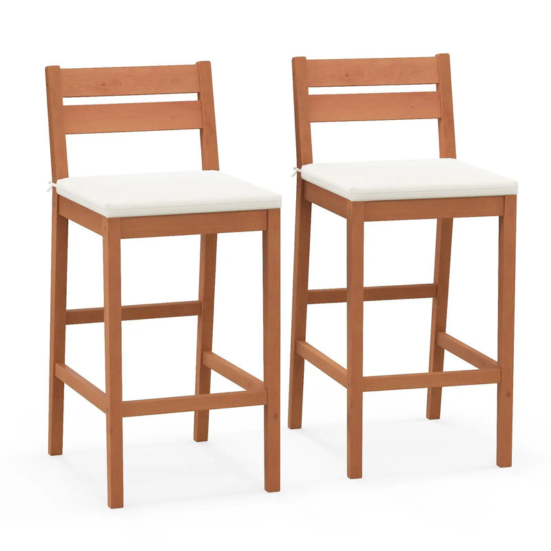 Set of 2 Outdoor Wood Barstools with Soft Seat Cushion-Off White by DirectDeals