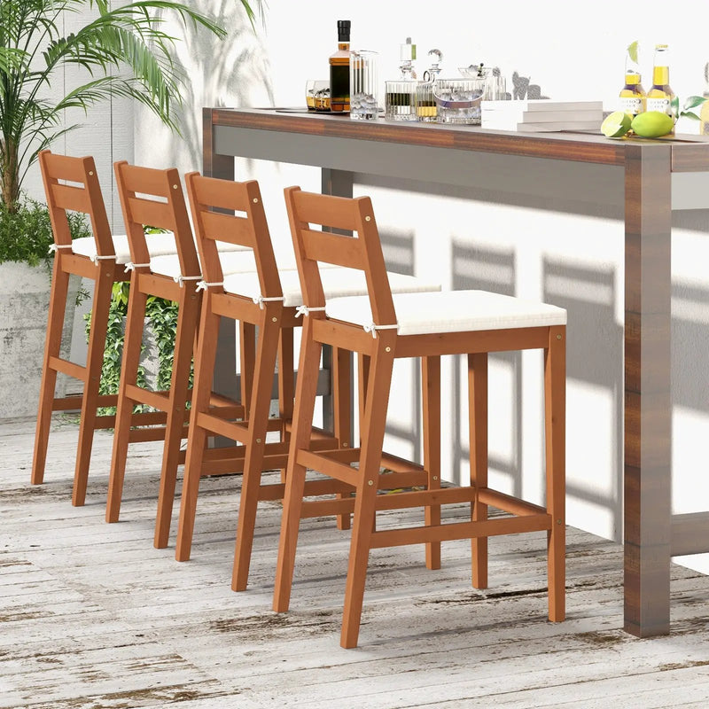 Set of 2 Outdoor Wood Barstools with Soft Seat Cushion-Off White by DirectDeals