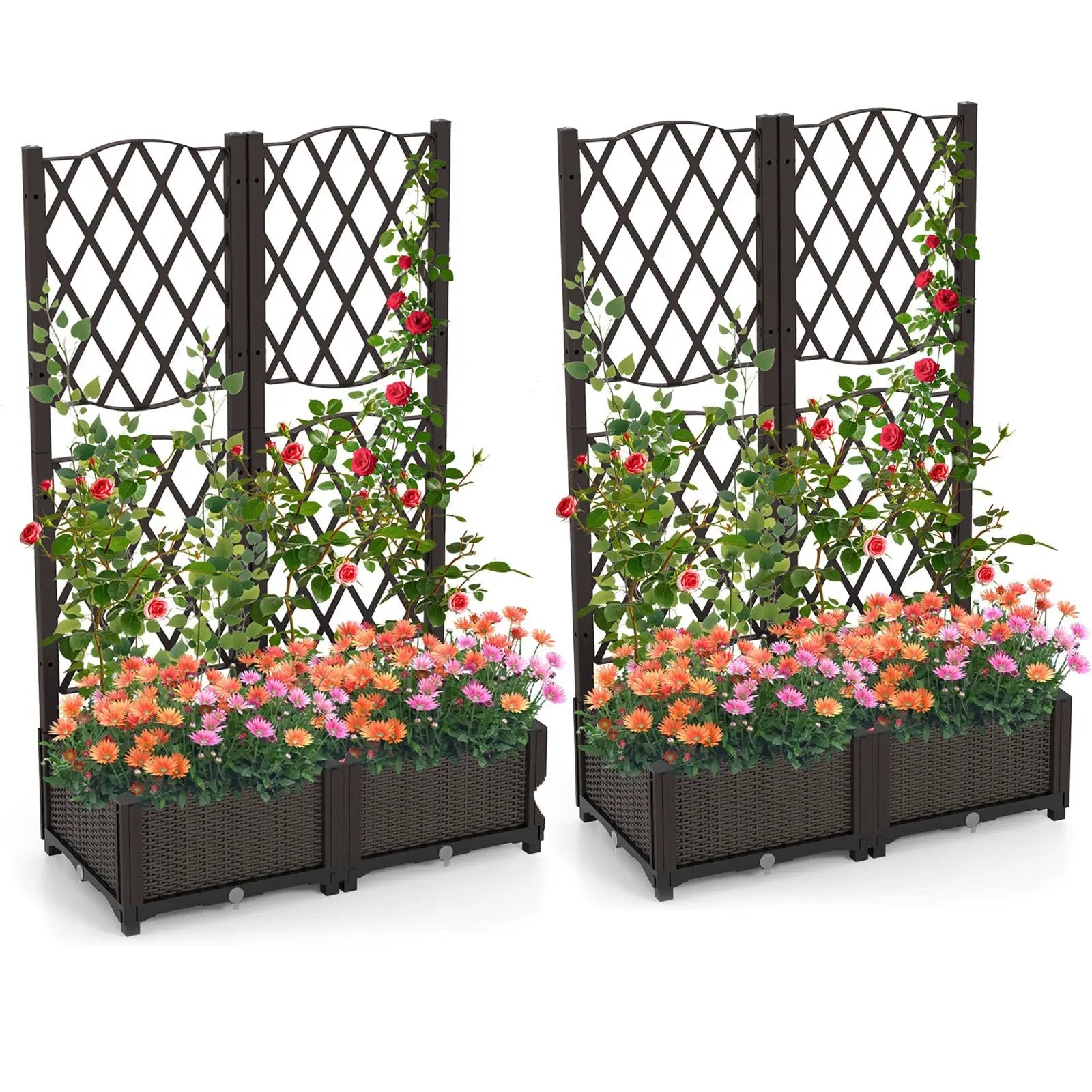 Set of 2 PE Rattan Raised Garden Bed with Trellis Planter Box for Climbing Plants-Rustic Brown by DirectDeals