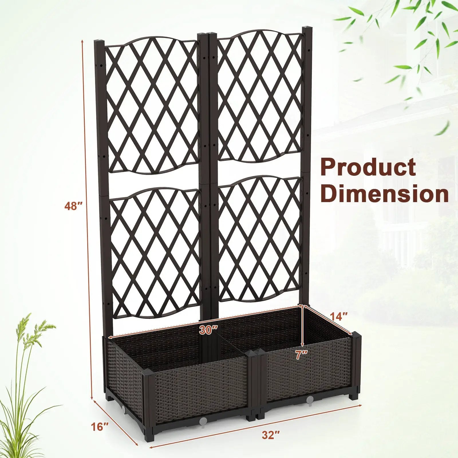 Set of 2 PE Rattan Raised Garden Bed with Trellis Planter Box for Climbing Plants-Rustic Brown by DirectDeals