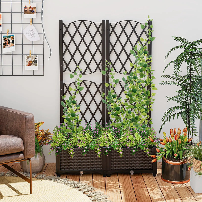 Set of 2 PE Rattan Raised Garden Bed with Trellis Planter Box for Climbing Plants-Rustic Brown by DirectDeals
