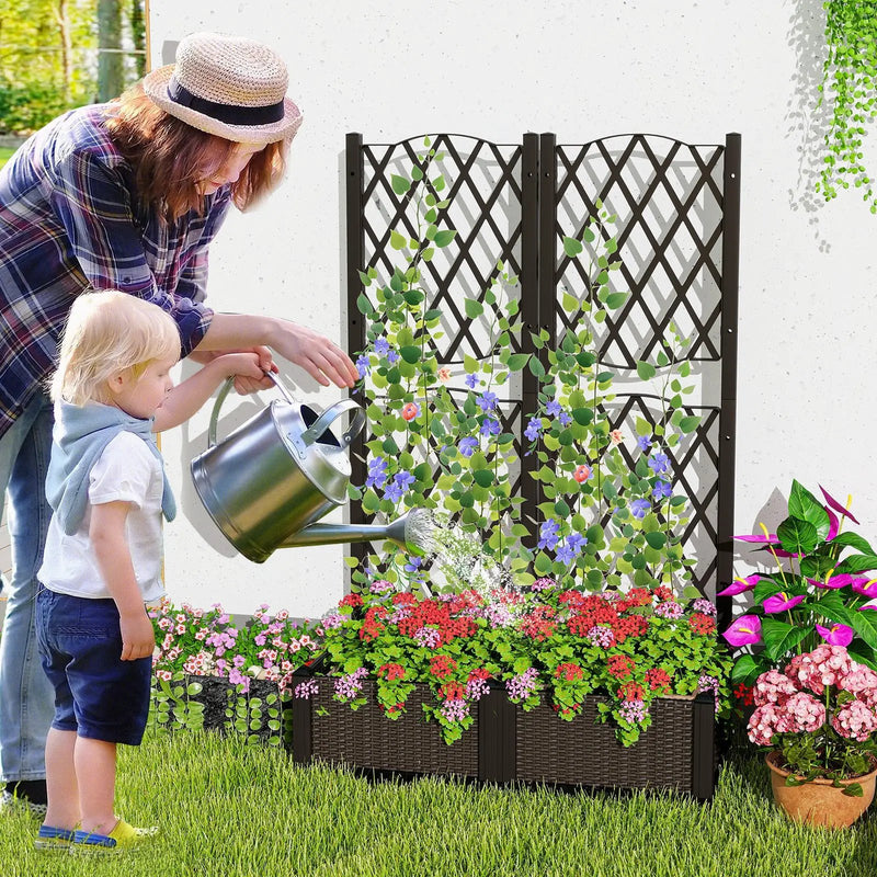 Set of 2 PE Rattan Raised Garden Bed with Trellis Planter Box for Climbing Plants-Rustic Brown by DirectDeals