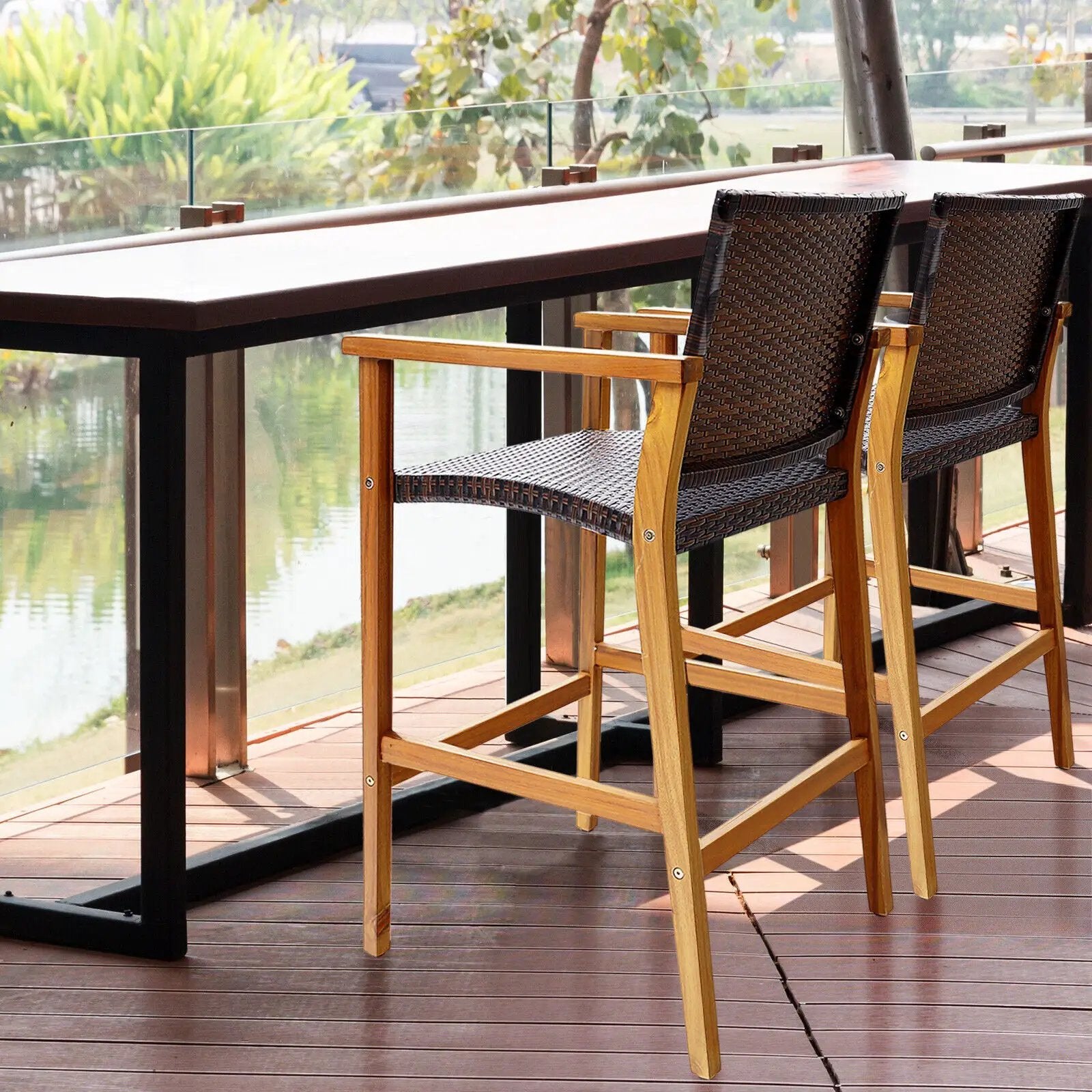 Set of 2 PE Wicker Patio Bar Chairs with Acacia Wood Armrests-Set of 2 by DirectDeals