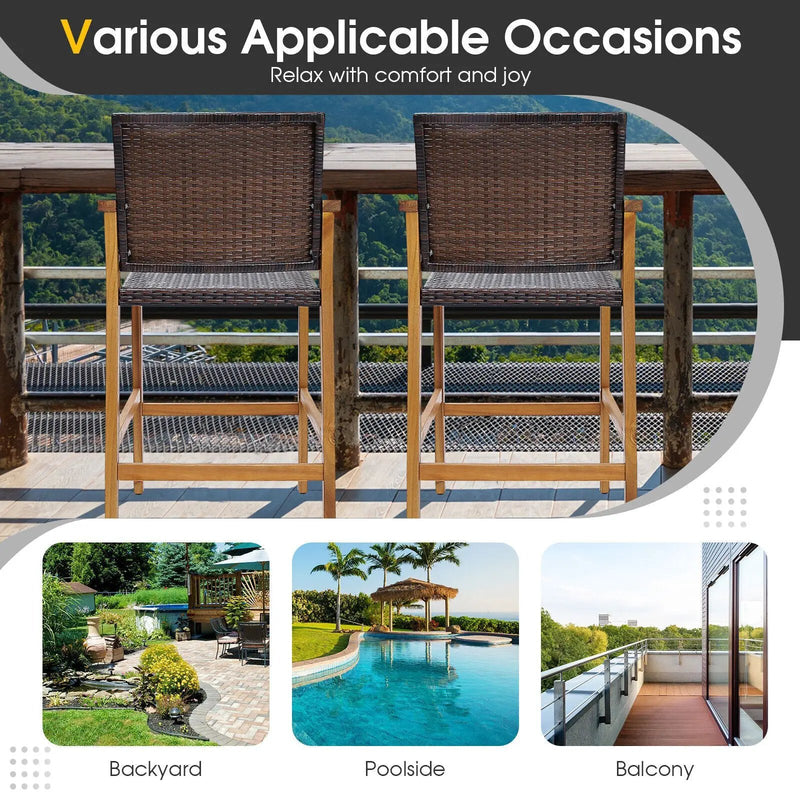 Set of 2 PE Wicker Patio Bar Chairs with Acacia Wood Armrests-Set of 2 by DirectDeals
