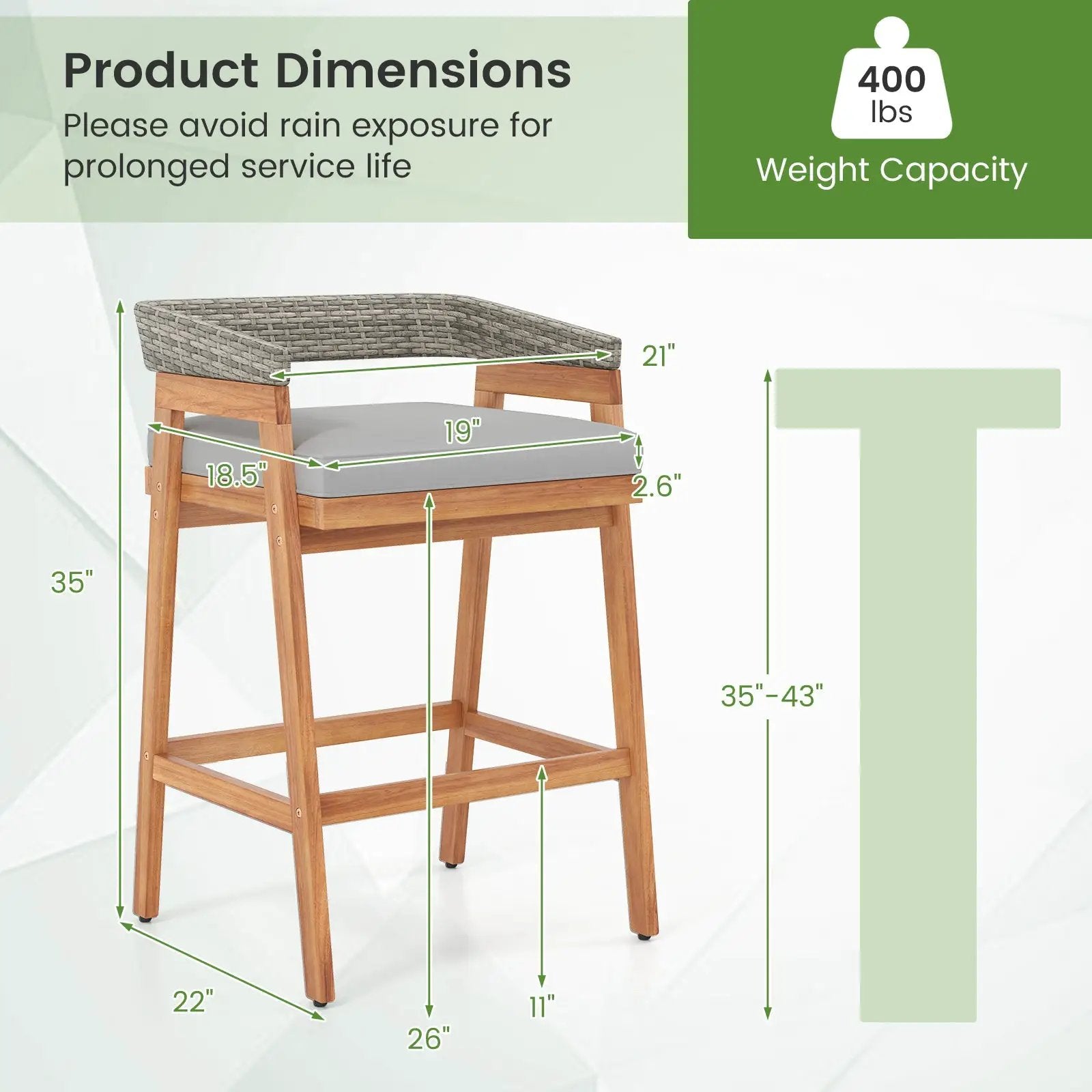 Set of 2 Patio Acacia Wood Counter Height Bar Stools with Cushions and PE Wicker Backrests Footrests-Gray by DirectDeals