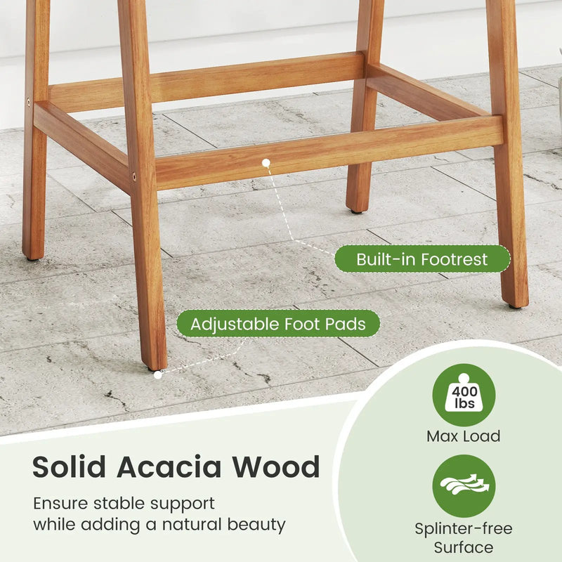 Set of 2 Patio Acacia Wood Counter Height Bar Stools with Cushions and PE Wicker Backrests Footrests-Gray by DirectDeals