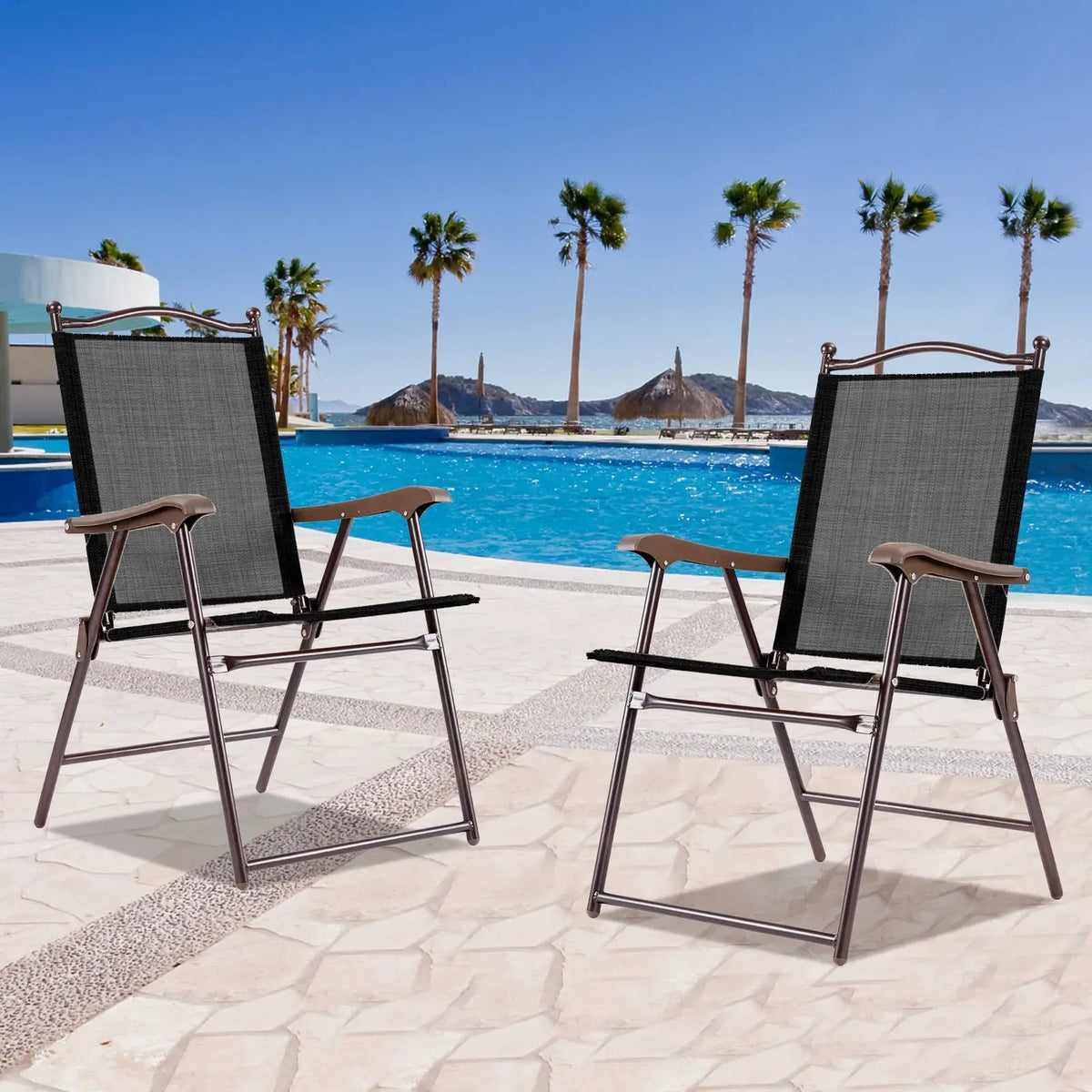 Set of 2 Patio Folding Sling Back Camping Deck Chairs by DirectDeals