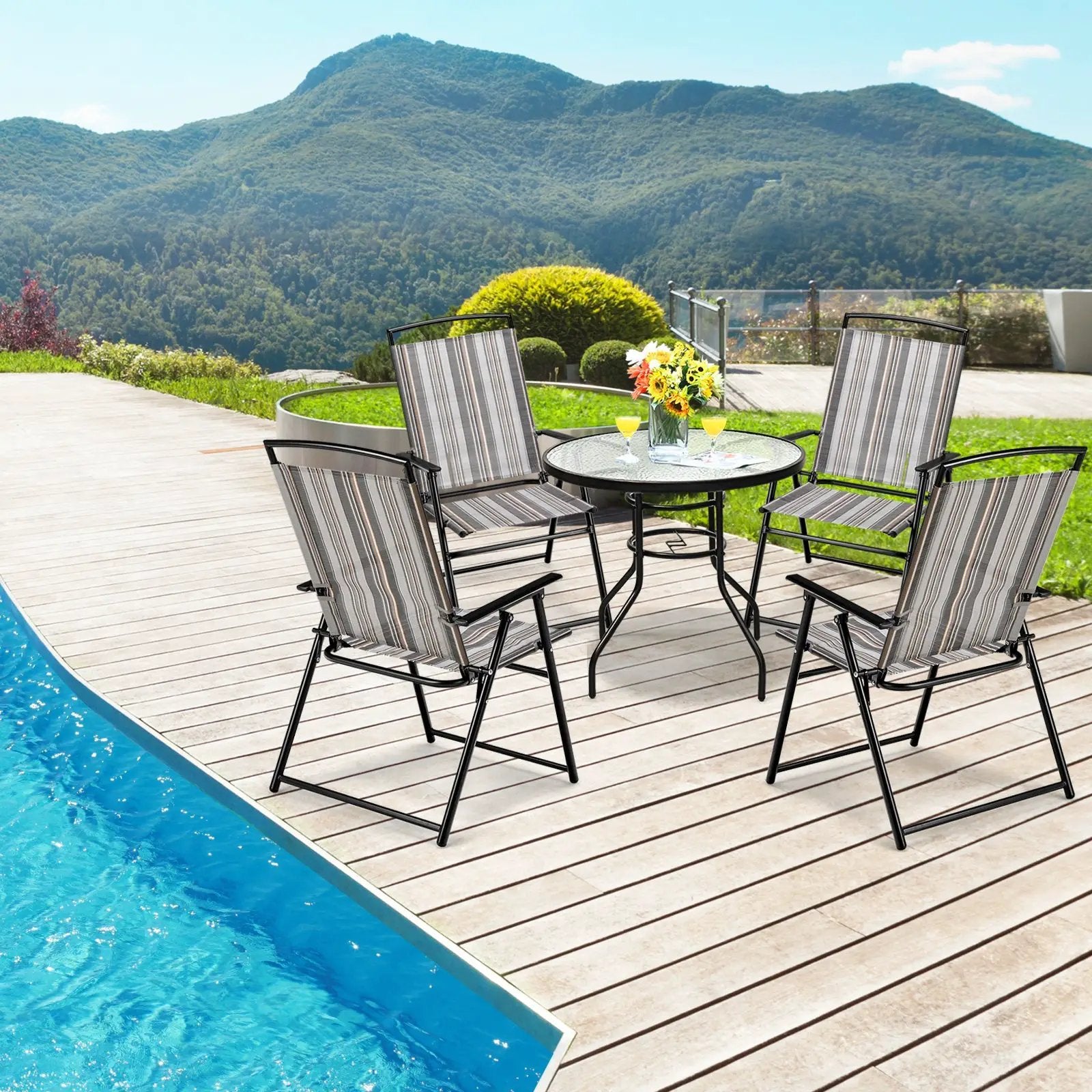 Set of 2 Patio Folding Sling Chairs Space-saving Dining Chair-Gray by DirectDeals