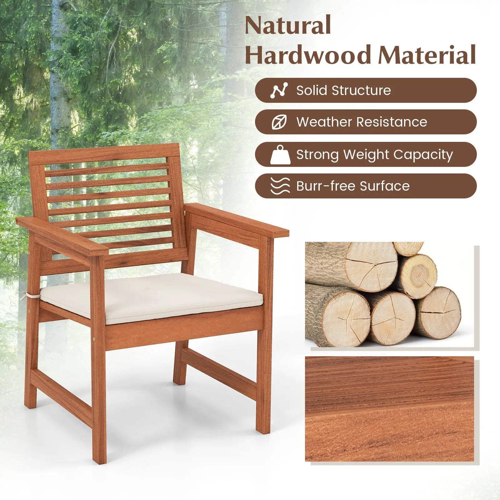 Set of 2 Patio Solid Wood Dining Chairs with Cushions and Slatted Seat by DirectDeals