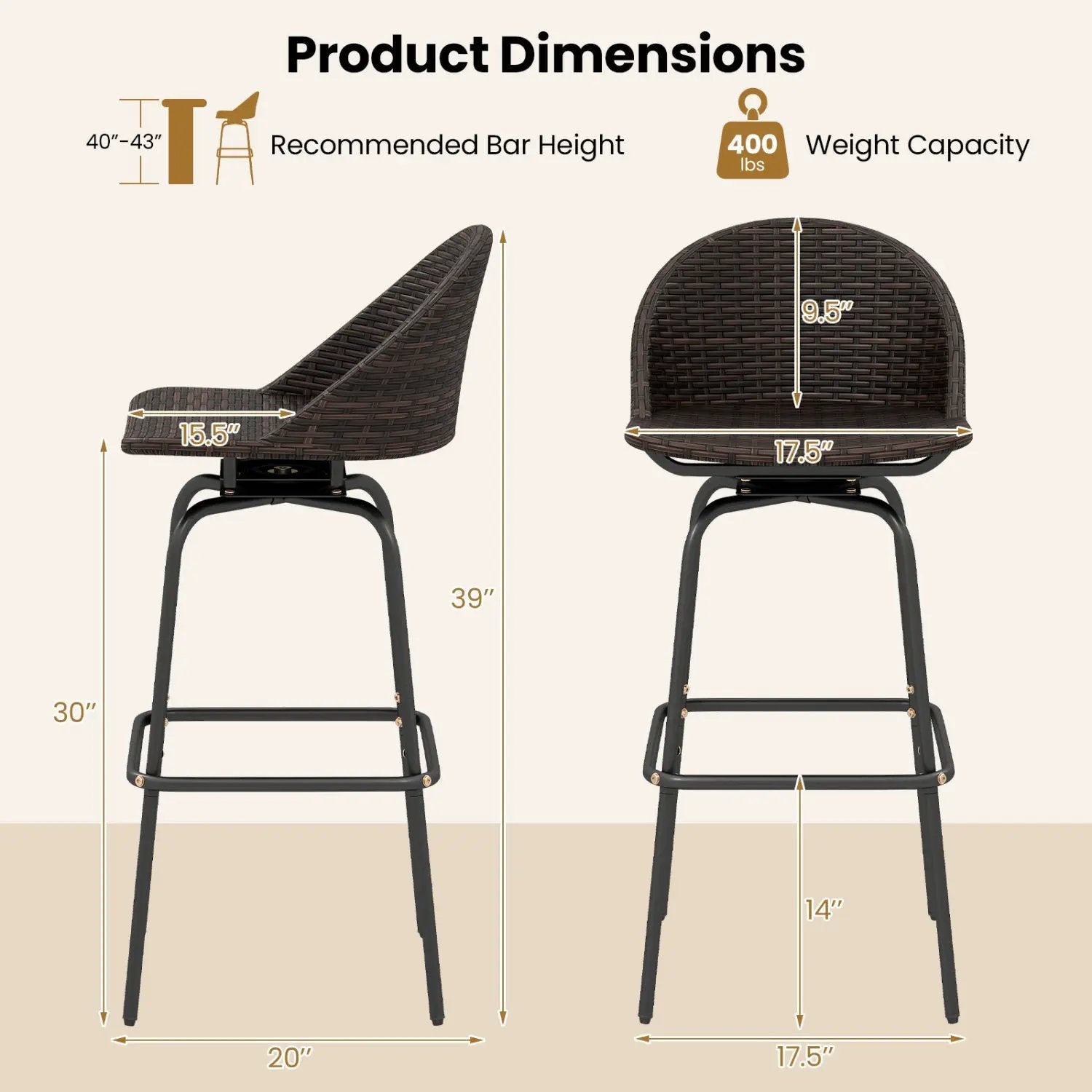 Swivel Patio Bar Stools Set of 2 with Rattan Seat 400 LBS by DirectDeals