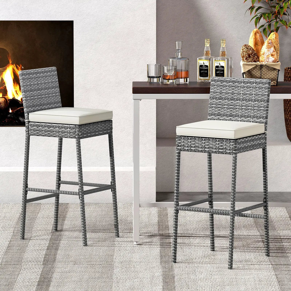 Set of 2/4 Patio Wicker Barstools with Soft Seat Cushion and Cozy Footrest by DirectDeals