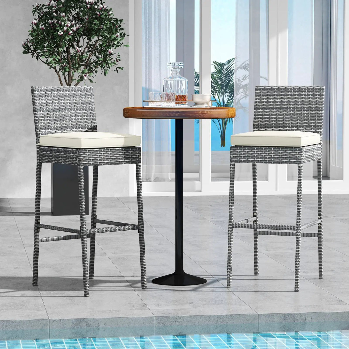 Set of 2/4 Patio Wicker Barstools with Soft Seat Cushion and Cozy Footrest by DirectDeals