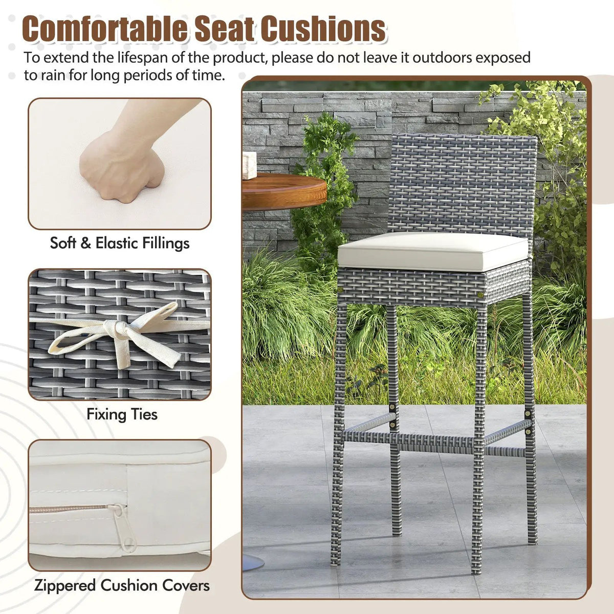 Set of 2/4 Patio Wicker Barstools with Soft Seat Cushion and Cozy Footrest by DirectDeals