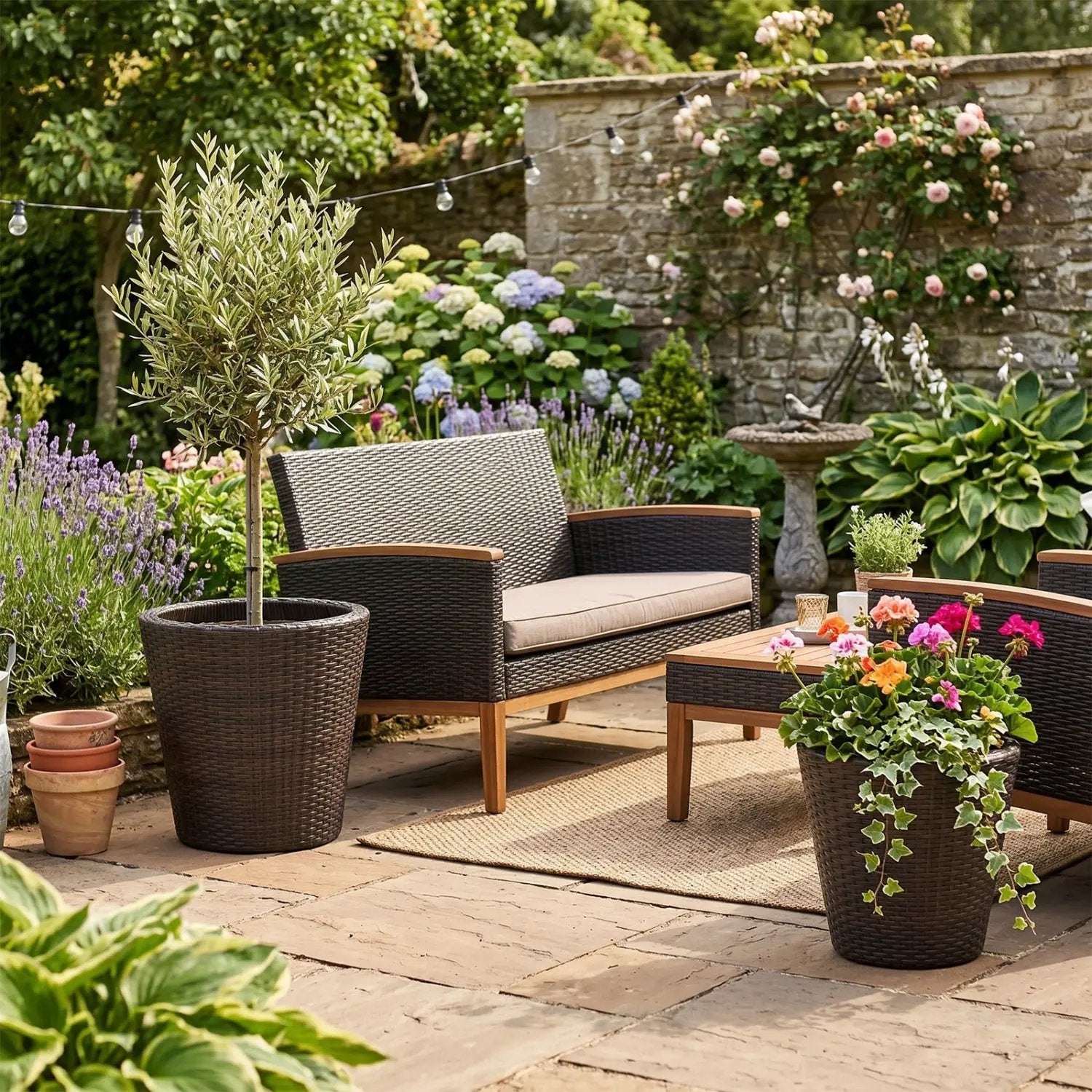 Rattan Planters Set of 2 with Drainage Holes and Saucers by DirectDeals
