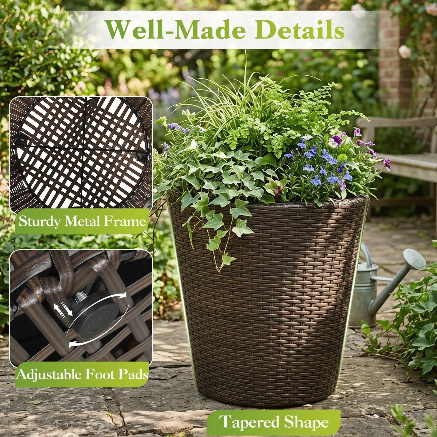 Rattan Planters Set of 2 with Drainage Holes and Saucers by DirectDeals