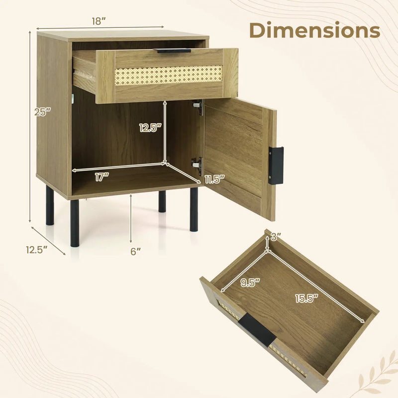 Rattan Nightstand Set of 2 with Drawer and Storage Cabinet by DirectDeals