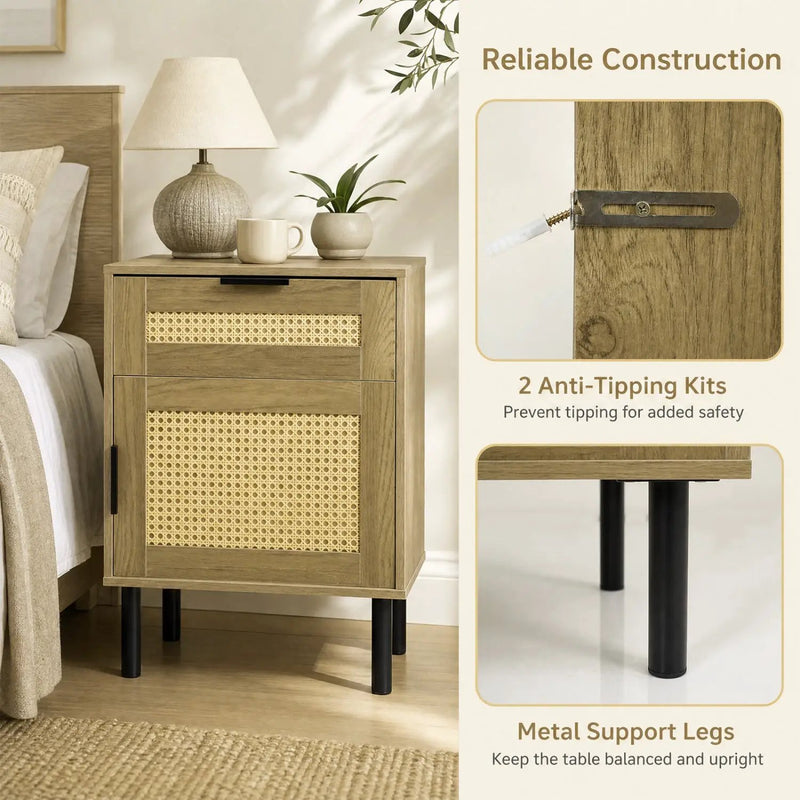 Rattan Nightstand Set of 2 with Drawer and Storage Cabinet by DirectDeals