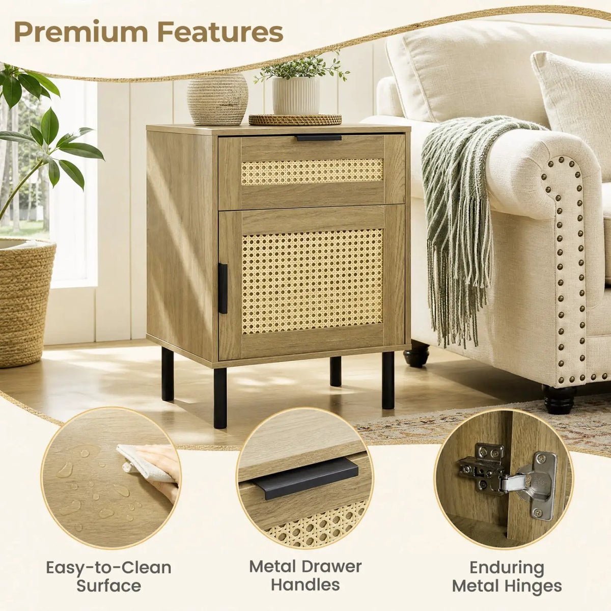 Rattan Nightstand Set of 2 with Drawer and Storage Cabinet by DirectDeals