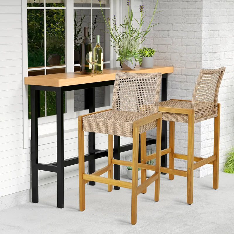 Set of 2 Rattan Patio Wood Barstools Dining Chairs with Backrest-Set of 2 by DirectDeals