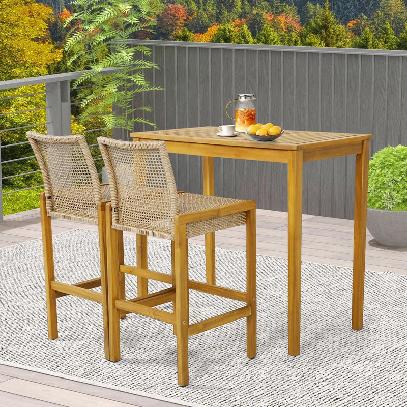 Set of 2 Rattan Patio Wood Barstools Dining Chairs with Backrest-Set of 2 by DirectDeals