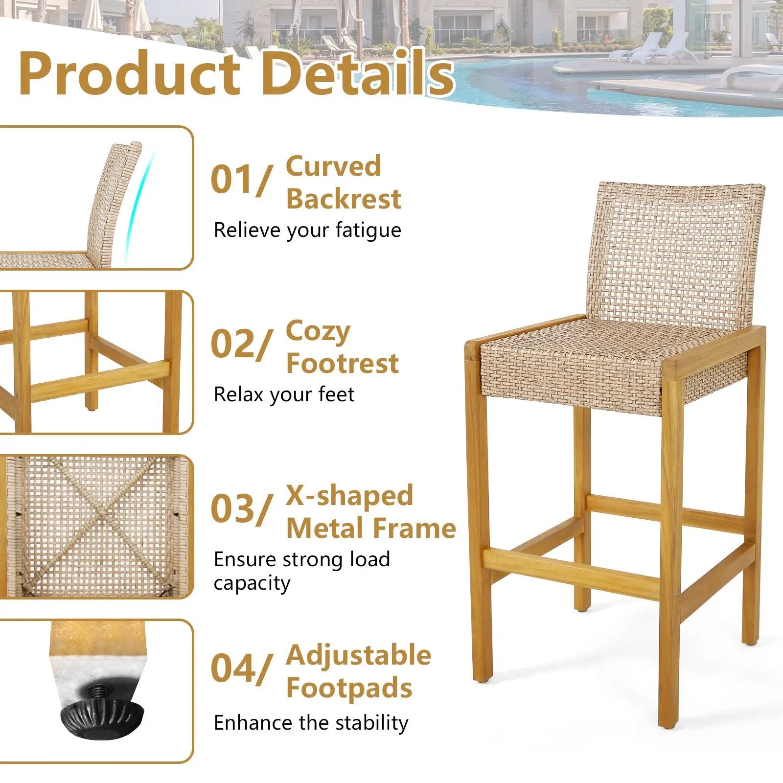 Set of 2 Rattan Patio Wood Barstools Dining Chairs with Backrest-Set of 2 by DirectDeals