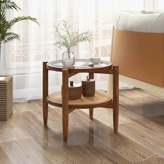Round Rattan Side Table Set with Glass Top - Set of 2 by DirectDeals