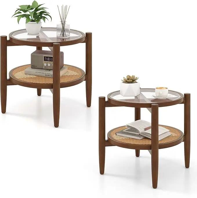 Round Rattan Side Table Set with Glass Top - Set of 2 by DirectDeals