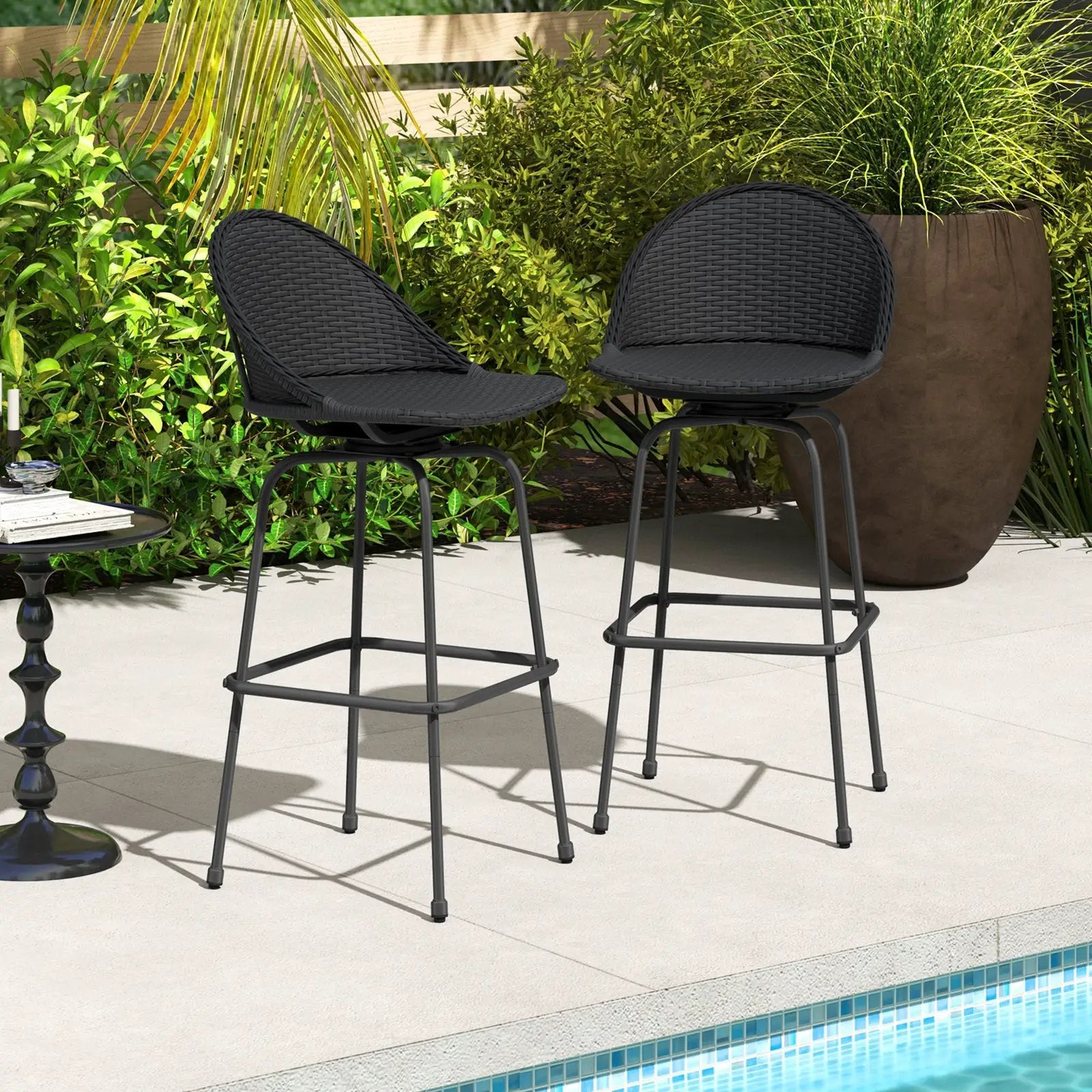 Set of 2 Rattan Swivel Barstools with Curved Back-Black by DirectDeals