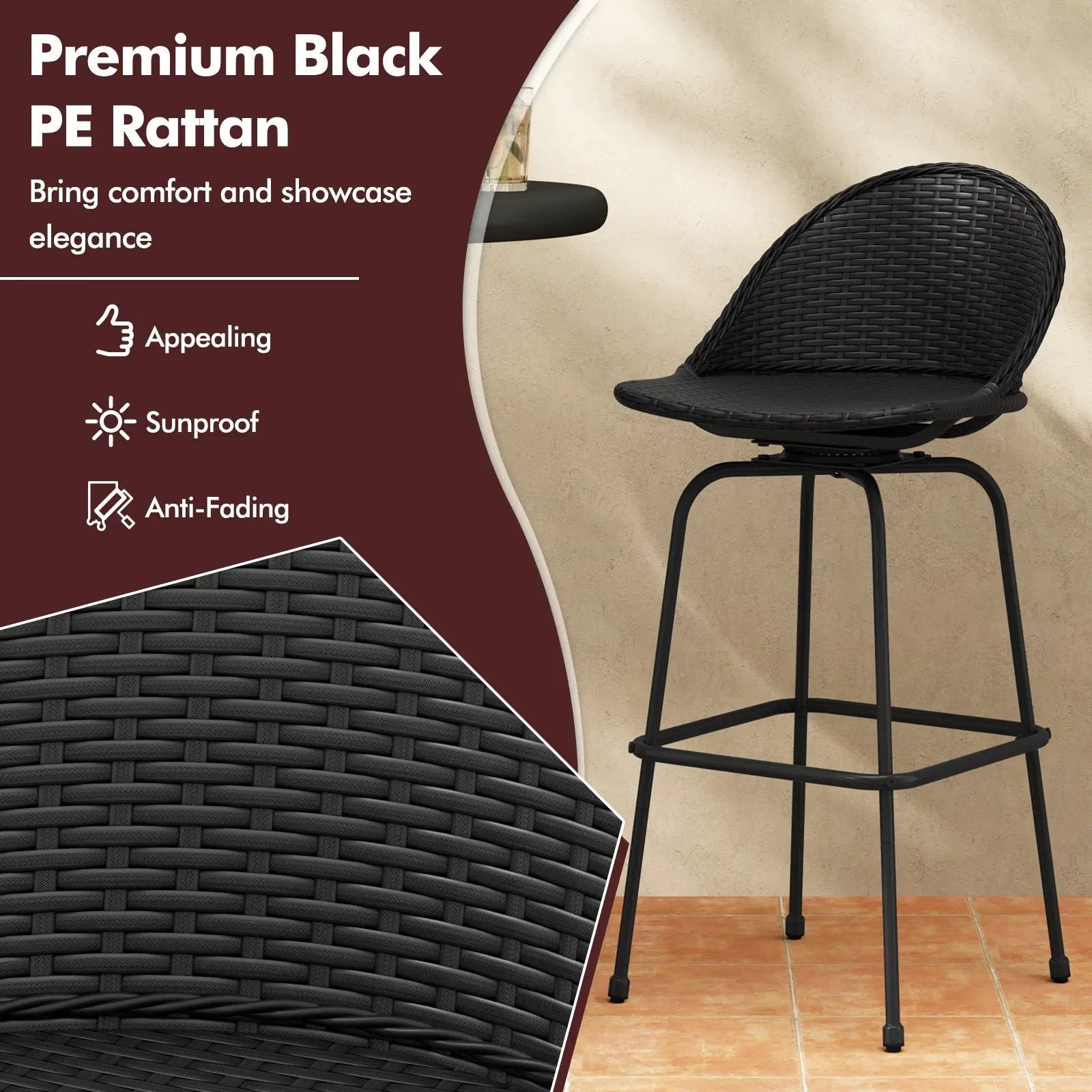 Set of 2 Rattan Swivel Barstools with Curved Back-Black by DirectDeals